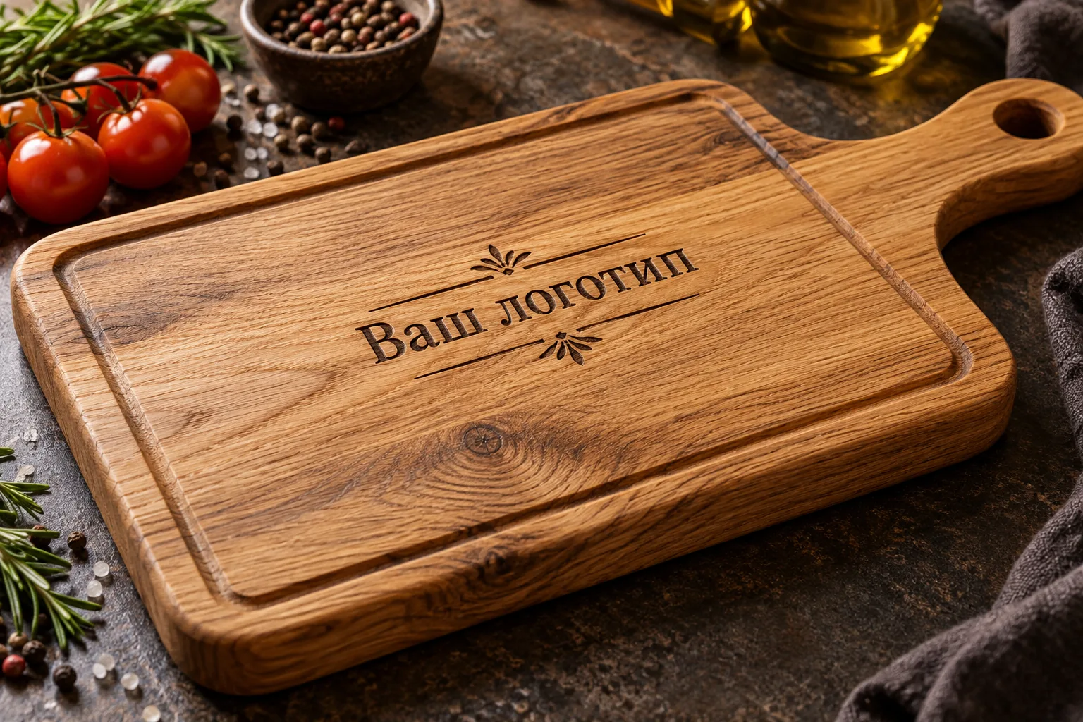 Лазерная гравировка слов «Ваш логотип» на деревянном изделии